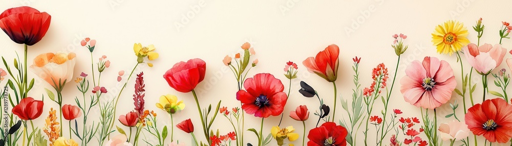 Fototapeta premium A vibrant array of colorful wildflowers, featuring red, pink, and yellow blooms against a soft, neutral background, creating a cheerful and inviting atmosphere.