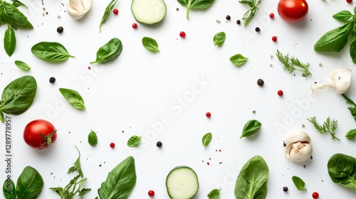 Fresh Ingredients Arrangement on White Backdrop with Copy Space