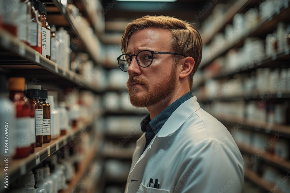 Researcher in a laboratory looking at shelves filled with chemical bottles in a modern facility Researcher in a laboratory looking at shelves filled with chemical bottles in a modern facility