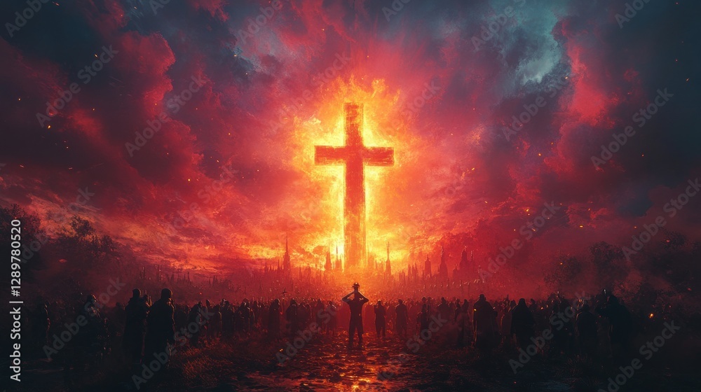 Cross Surrounded by People in Glowing Light, Expressionist Scene of Faith and Spirituality Cross Surrounded by People in Glowing Light, Expressionist Scene of Faith and Spirituality
