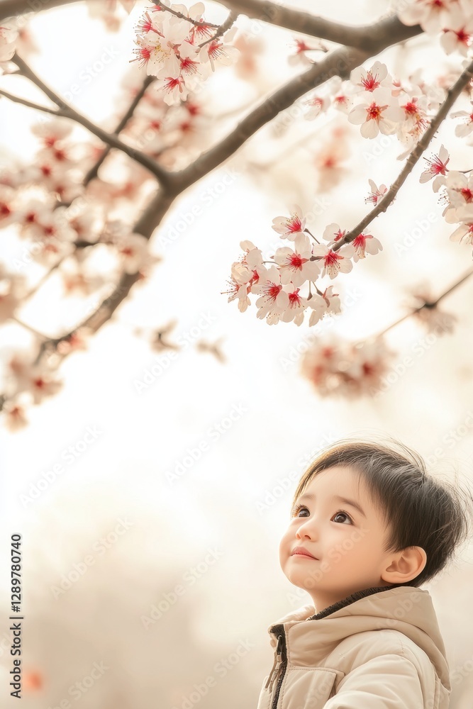Cute child under cherry blossom tree with blooming flower in Spring. Cute child under cherry blossom tree with blooming flower in Spring.