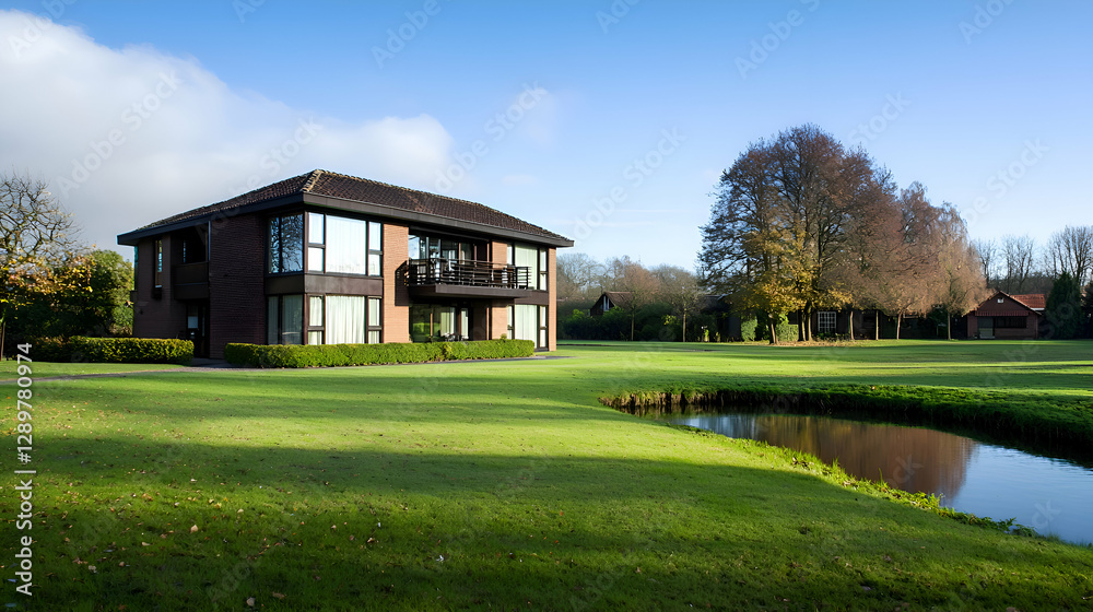 Obraz premium Modern Brick House with Green Lawn and Pond on a Sunny Day
