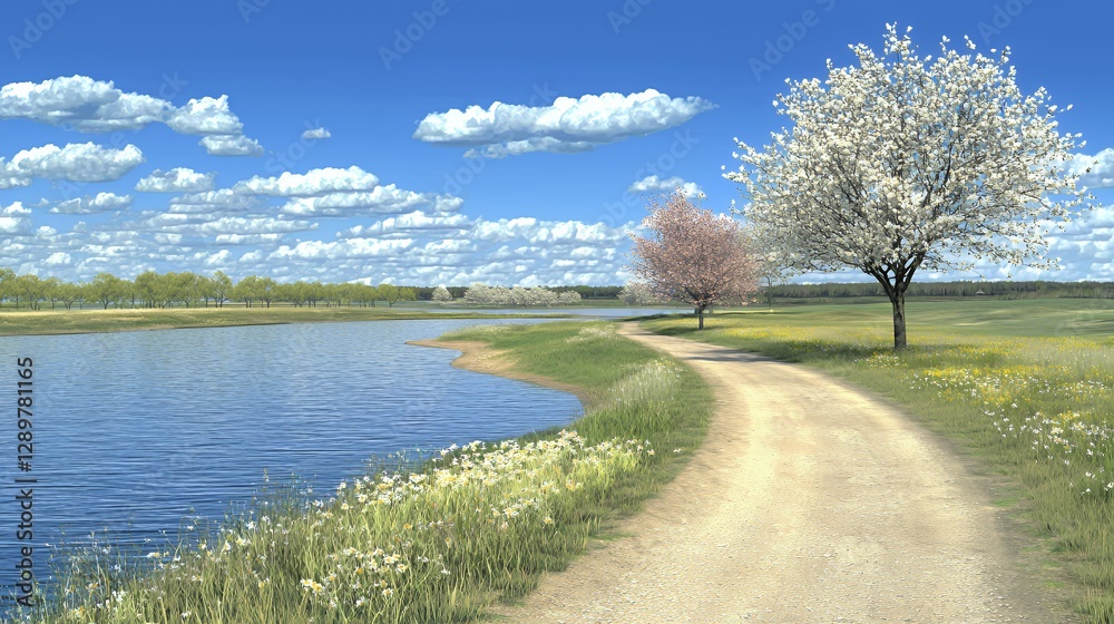 Serene Spring Landscape with Blooming Trees and River Path Serene Spring Landscape with Blooming Trees and River Path