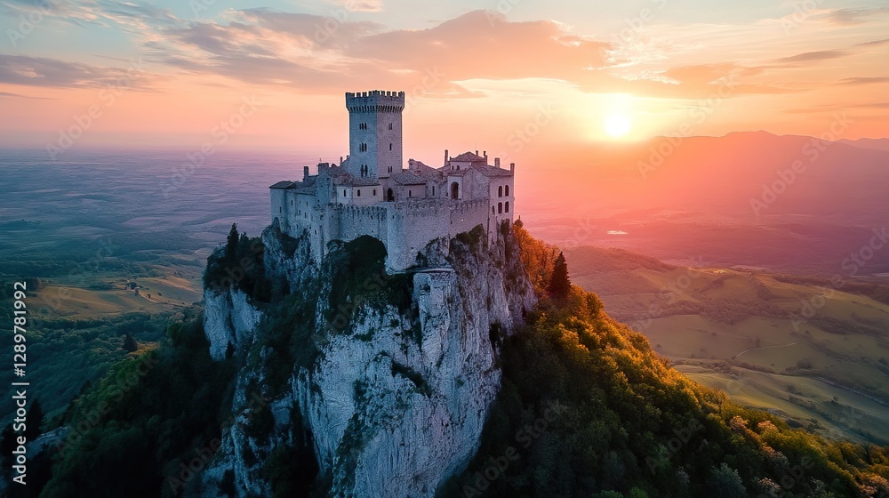 Fototapeta premium Majestic castle atop mountain at sunset (1)