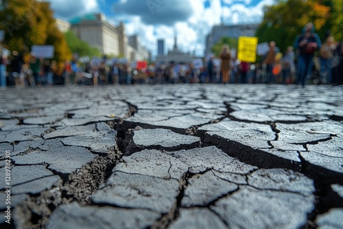Environmental activists gather in a public space while the ground shows signs of drought, highlighting the issue of climate change