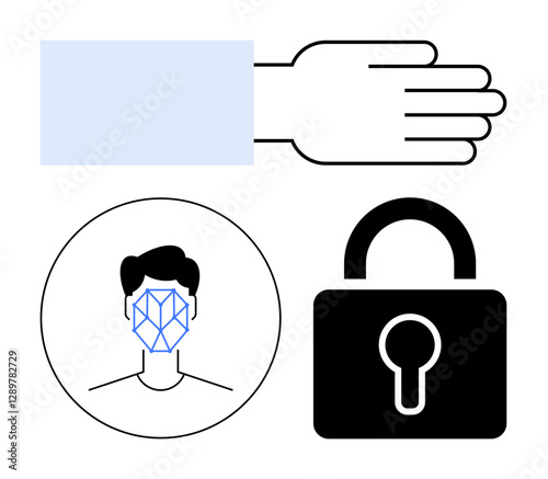 Hand, facial recognition pattern, and lock visualize technology in biometrics, authentication, identity verification. Ideal for cybersecurity, access control, privacy, technology digital tools