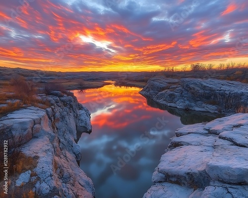 A vibrant sunset reflects in a calm lake with rocks