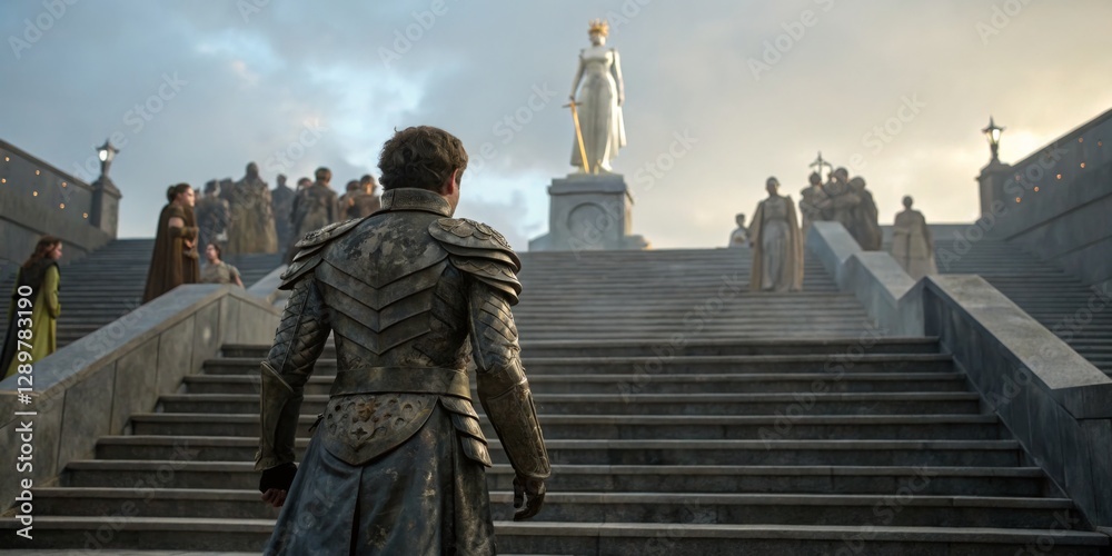 Hero stands at the foot of a monumental statue while onlookers gather in an ancient, mystical setting during twilight