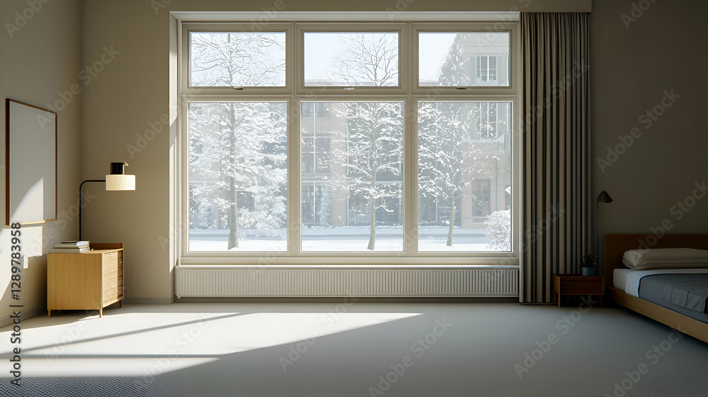 Fototapeta premium Minimalist Bedroom Interior with Snowy City View