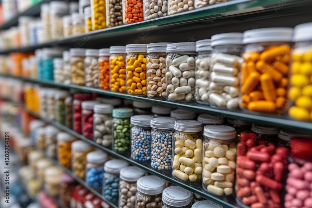 Display of colorful medicine jars in a retail pharmacy during daylight hours Display of colorful medicine jars in a retail pharmacy during daylight hours