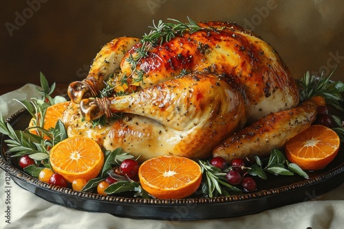 Watercolor Painting of Roasted Turkey with Fresh Herbs and Oranges on Black Tray photo