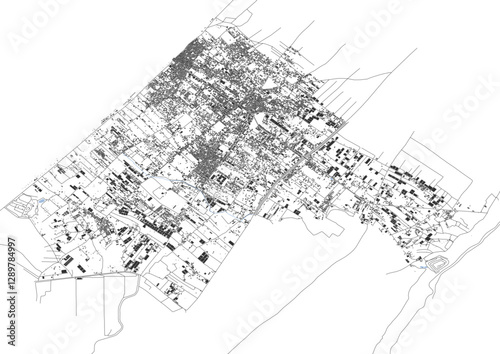 vector map of buildings and highways in deir al balah with black and white color photo