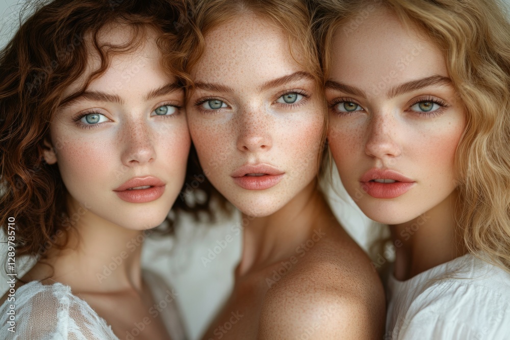 Three women with striking features pose together in a soft, natural setting highlighting their unique beauty Three women with striking features pose together in a soft, natural setting highlighting their unique beauty