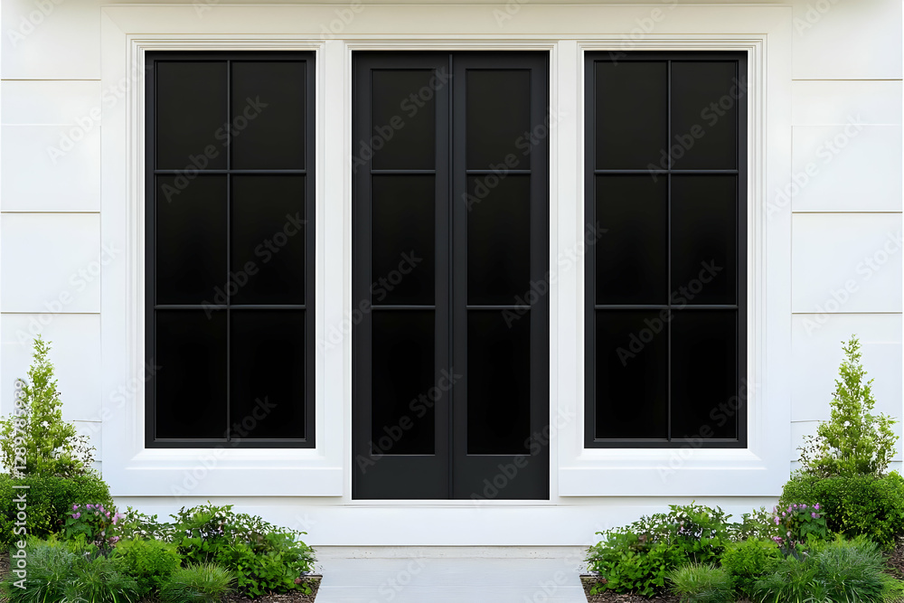 Modern Farmhouse Black Door & Windows Illustration Modern Farmhouse Black Door & Windows Illustration