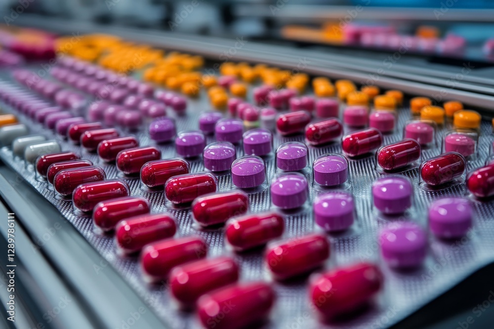 Fototapeta premium Colorful capsules arranged neatly in rows highlight pharmaceutical production in a modern facility