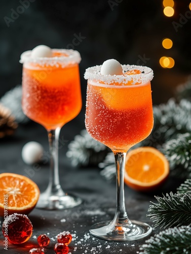 Festive citrus cocktails with sugary rim, snowball garnish, and oranges.