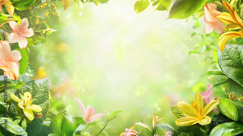 Vibrant Spring Flowers Frame with Soft Sunlight and Green Leaves Vibrant Spring Flowers Frame with Soft Sunlight and Green Leaves