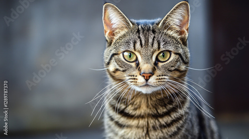 Bright-eyed tabby cat staring directly at the camera with a sharp and curious expression

