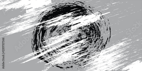 black circular grunge texture, brush strokes isolated on gray background.