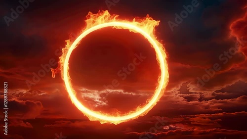 Fiery Ring Glows Against Dramatic, Cloudy Sky, Creating Striking Visual Contrast Intense Flames and Dark Clouds Evoke Sense of Mystery and Power, with Glowing Circle of Fire Contrasting Skys Mystical