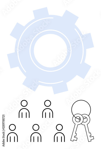 Gear icon, five abstract human figures, and crossed keys symbolizing teamwork and achieving goals. Ideal for collaboration, innovation, productivity, problem-solving, efficiency, process management