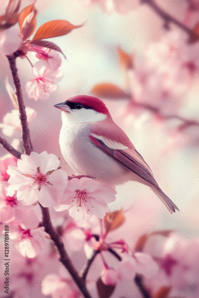 Fototapeta premium Bird on tree branch with beautiful flower in Spring.