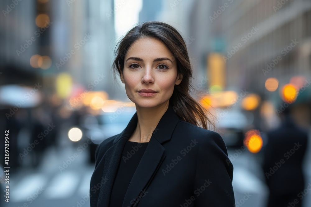 Naklejka premium Young woman standing on a busy city street with blurred traffic in the background on a sunny day