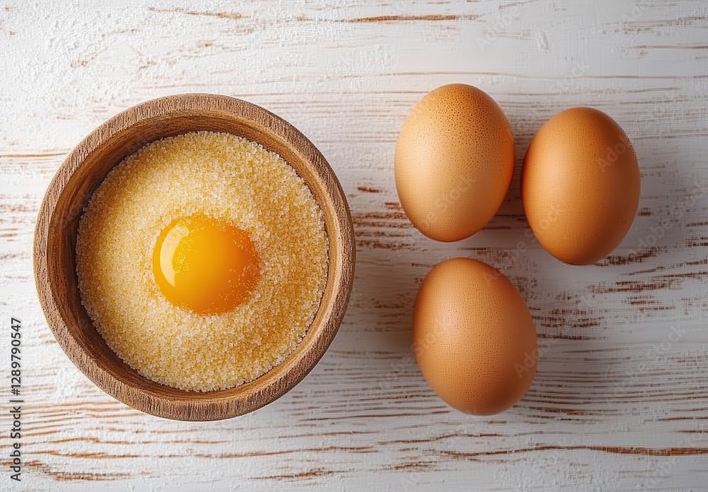 Fresh Ingredients for Baking with Bowl of Sugar and Raw Egg Surrounded by Three Beautiful Brown Eggs on Wooden Surface Fresh Ingredients for Baking with Bowl of Sugar and Raw Egg Surrounded by Three Beautiful Brown Eggs on Wooden Surface