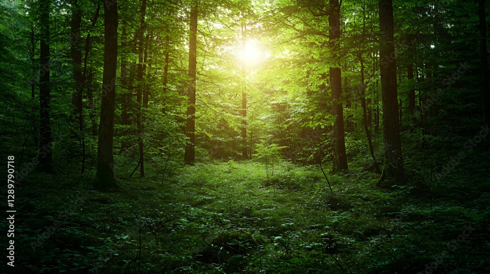 Naklejka premium Sunlit Green Forest With Lush Foliage And Deep Shadows