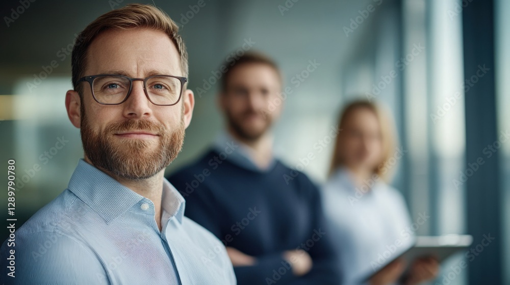 Confident Businessman with Team in Office Confident Businessman with Team in Office