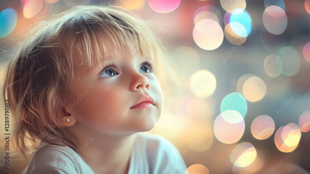 Pensive Little Girl Looks Upward with Bokeh Background Pensive Little Girl Looks Upward with Bokeh Background