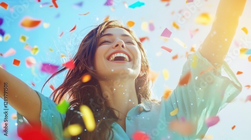 Happy Smiling Woman Celebrates with Confetti in Sunlight, Joy