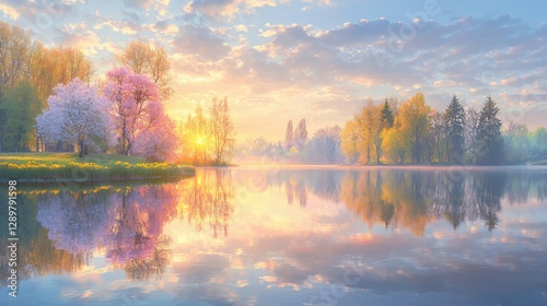 Wallpaper Mural Serene Sunrise Over a Misty Lake with Blossoming Trees Torontodigital.ca