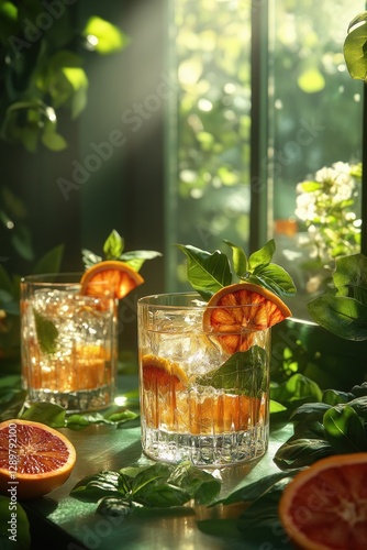 Refreshing Blood Orange Cocktails with Ice and Fresh Mint Garnish photo