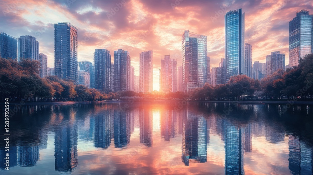 Obraz premium Vibrant City Skyline Reflection at Sunset Over Tranquil Water with Colorful Clouds and Modern Architecture