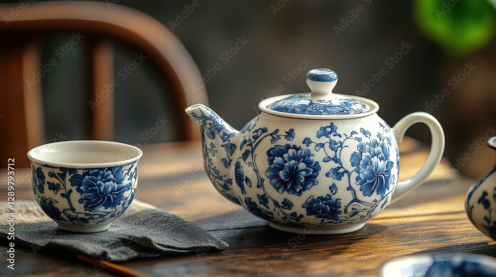 A traditional Chinese porcelain tea set with blue floral patterns A traditional Chinese porcelain tea set with blue floral patterns