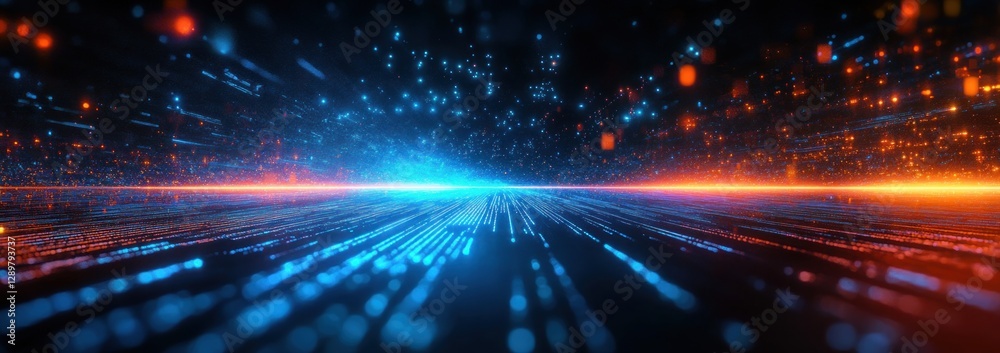 Obraz premium Vibrant Abstract Expressionism Digital Landscape with Blue and Orange Light Trails and Illuminated Particles