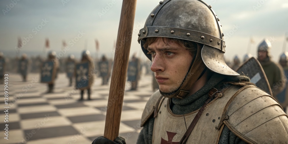 Knight prepares for battle in a medieval tournament setting at dawn with soldiers in formation on a checkered field