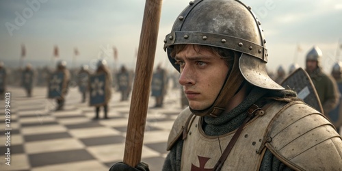 Obraz na płótnie Knight prepares for battle in a medieval tournament setting at dawn with soldiers in formation on a checkered field w salonie
