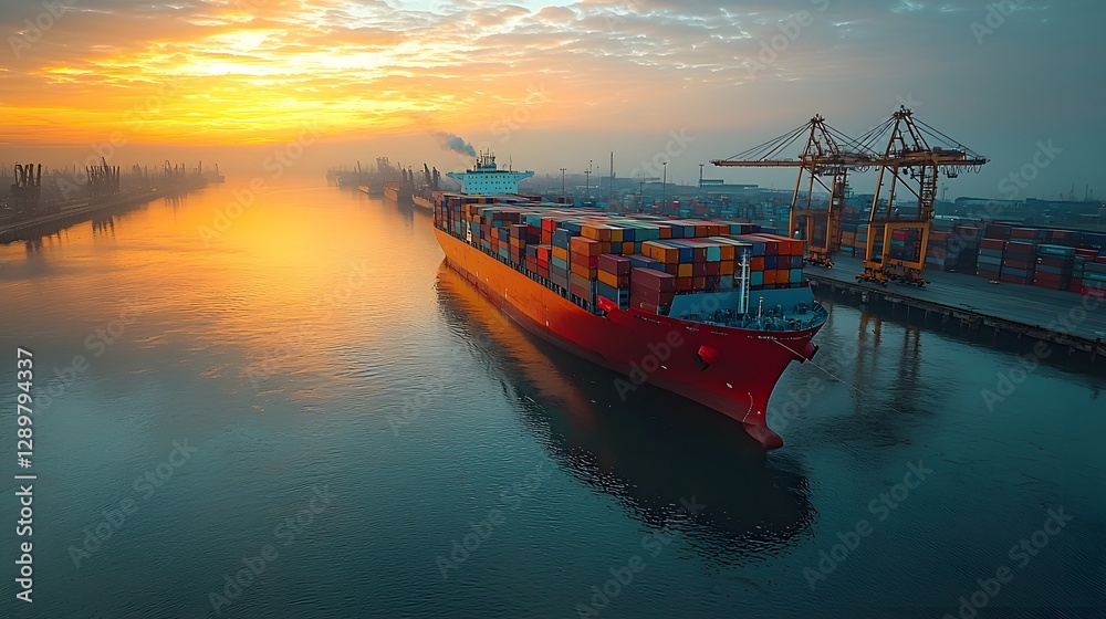 An Illustrative Shot Showing a Large Container Ship at Port An Illustrative Shot Showing a Large Container Ship at Port