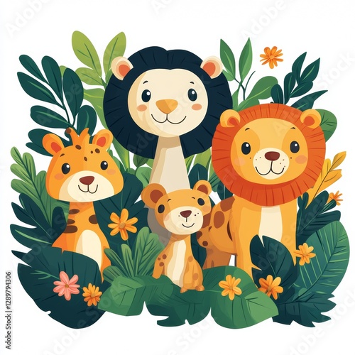 Cute Animal Characters with Leaves and Flowers in Flat Design Style