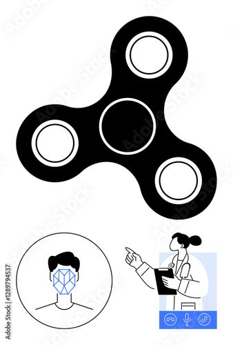 Fidget spinner, human face with AI facial detection grid, and doctor pointing at data icons. Ideal for themes of AI, technology, healthcare, stress relief, innovation, science abstract line flat