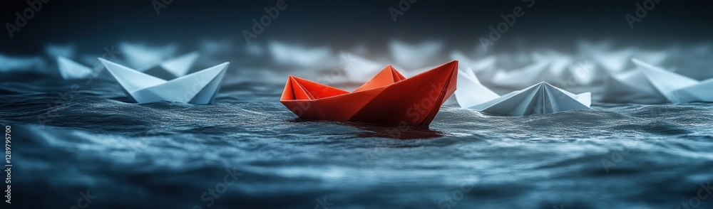Red Paper Boat Leadership Concept - Unique Success in Teamwork and Direction Red Paper Boat Leadership Concept - Unique Success in Teamwork and Direction