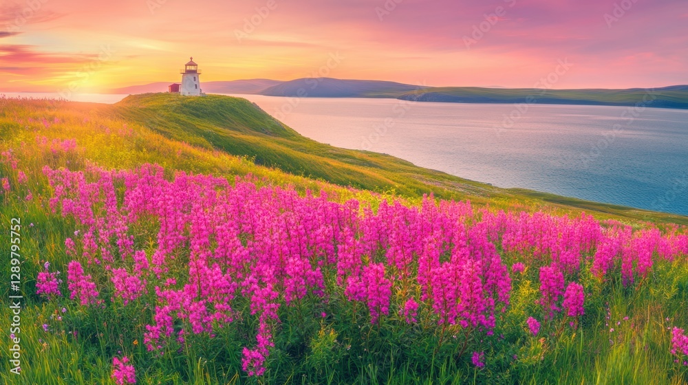 Obraz premium Beautiful colorful wild flowers with lighthouse at sea beach in Spring.
