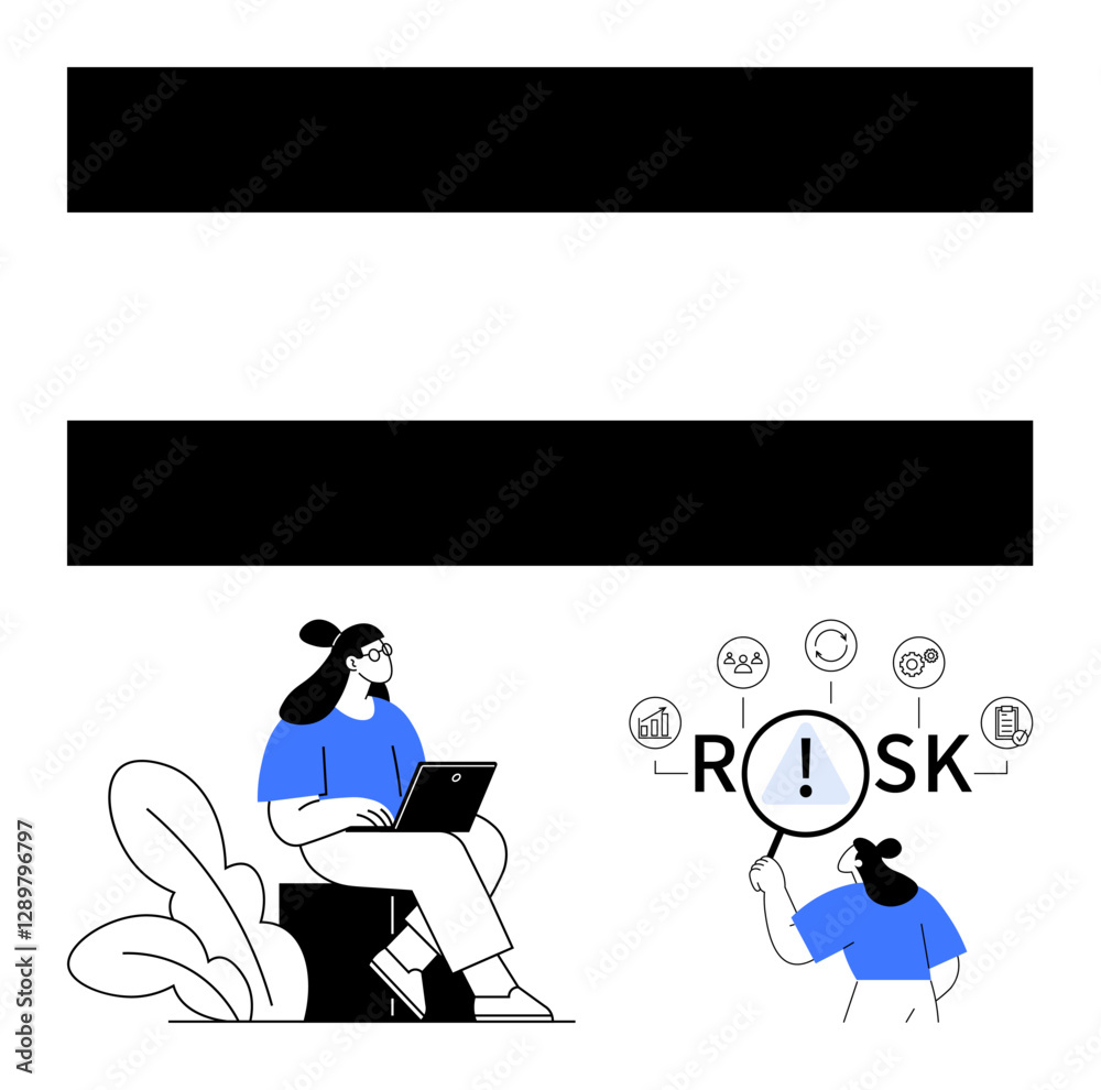 Focused woman using laptop with plants nearby, another examines Risk and icons. Ideal for business safety, finance strategy, planning, risk management, problem-solving, data analysis, abstract line
