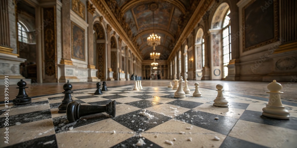 Chess game on the floor of an ornate palace hall with grand architecture and historical paintings