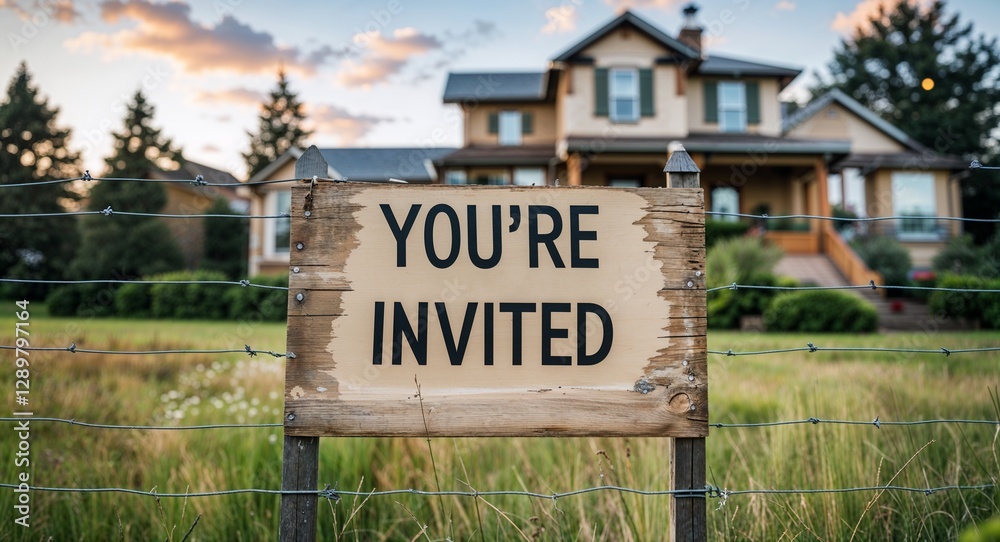 Fototapeta premium youre invited lettering on sign at fence with house background