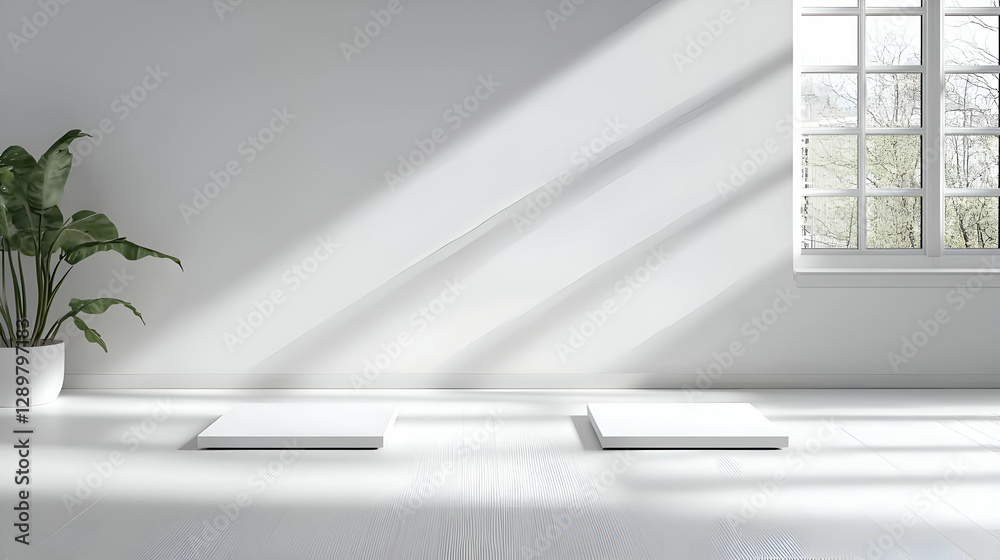 Obraz premium Bright White Minimalist Room Interior with Sunlight and Plant
