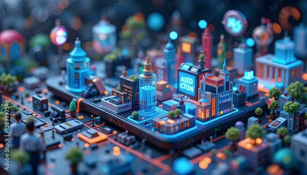 Obraz premium miniature advanced city on smartphone screen with neon lights and details