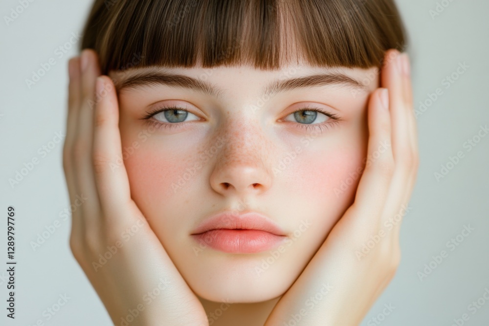Woman Holding Face with Hands Close Up Woman Holding Face with Hands Close Up